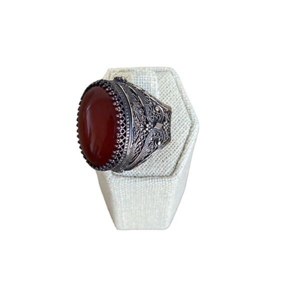 Large Oval Bezel Set Carnelian Cocktail Ring Filigree Sterling Silver Silver - Picture 1 of 9